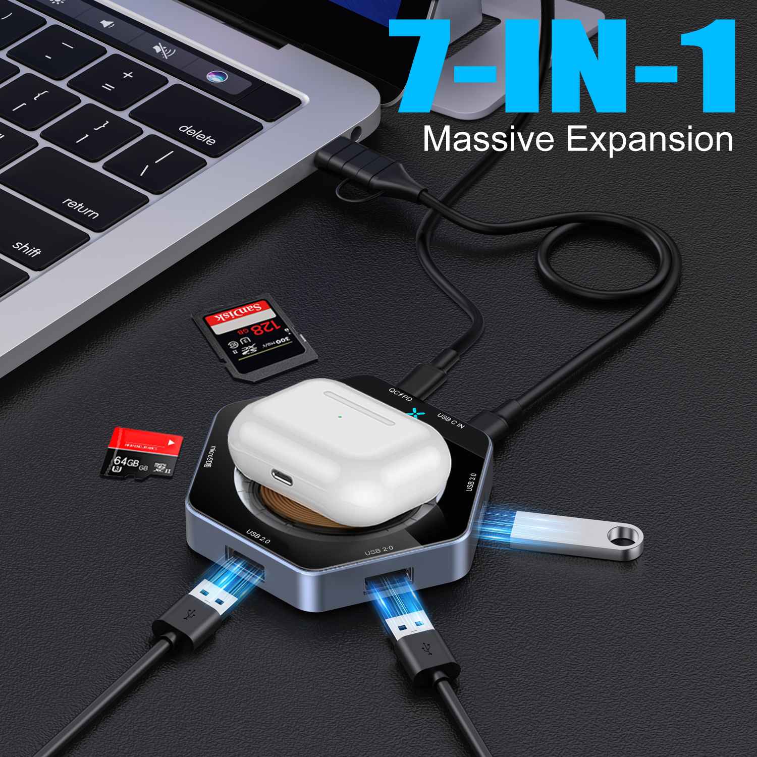 15 Вт швидка зарядка 7 in1 USB -хаб бездротового зарядного пристрою